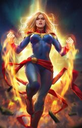 1girl blonde_hair blue_bodysuit bodysuit breasts captain_marvel carol_danvers clenched_hands covered_navel dcwj highres long_hair looking_at_viewer magic marvel medium_breasts red_footwear red_sash sash signature solo waist_sash