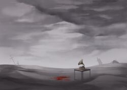 blood blood_splatter commentary english_commentary grey_sky highres honkai_(series) honkai_impact_3rd kokotuo no_humans phonograph post-apocalypse ruins sand scenery sky table
