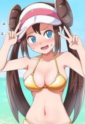 1girl @_@ absurdres alternate_costume bikini blue_eyes blush breasts brown_hair collarbone commentary_request day double_bun double_v flying_sweatdrops hair_bun hands_up highres long_hair maho_(corotonton5150) navel nervous_smile nintendo open_mouth outdoors pokemon pokemon_bw2 rosa_(pokemon) sky smile solo stomach sweat swimsuit twintails upper_body v visor_cap watermark yellow_bikini