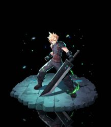 1boy animated animated_gif armor belt belt_buckle black_background black_boots black_gloves black_pants black_shirt blonde_hair blue_eyes boots bracelet buckle buster_sword chinese_commentary cloud_strife commentary_request elbow_gloves final_fantasy final_fantasy_vii fingerless_gloves full_body gauntlets gloves goldendogaki greatsword highres holding holding_sword holding_weapon jewelry legs_apart looking_at_viewer looping_animation male_focus multiple_belts pants pauldrons pixel_art reflection serious shirt short_hair shoulder_armor simple_background single_bare_shoulder single_fingerless_glove single_gauntlet single_pauldron sleeveless sleeveless_turtleneck solo spiked_bracelet spiked_hair spikes square_enix standing sword toned toned_male turtleneck weapon