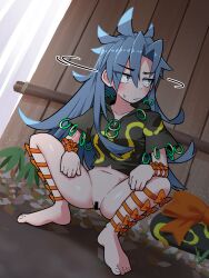 1girl bar_censor barefoot black_shirt blush bottomless bow censored commentary_request full_body grey_eyes grey_hair hair_between_eyes highres himemushi_momoyo long_hair looking_to_the_side navel orange_bow pussy shirt short_sleeves slav_squatting solidus_(sword_cube) solo squatting touhou upper_body variant_set very_long_hair