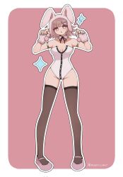1girl animal_ears bare_shoulders black_leotard breasts brown_hair cleavage danganronpa_(series) danganronpa_2:_goodbye_despair detached_collar fake_animal_ears flipped_hair galaga groin highres large_breasts leotard looking_at_viewer medium_hair nanami_chiaki neck_ribbon pink_ribbon playboy_bunny rabbit_ears ribbon solo spaceship_hair_ornament strapless strapless_leotard wrist_cuffs
