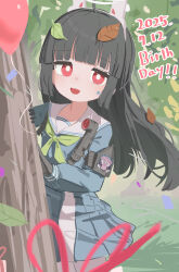 1girl absurdres balloon black_gloves black_hair blue_archive blunt_bangs cowboy_shot gloves highres long_hair long_sleeves looking_at_viewer miyu_(blue_archive) nyune open_mouth pleated_skirt red_eyes school_uniform skirt solo tree