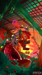 1boy absurdres aircraft animal arm_up boots bulging_eyes clenched_teeth clothed_animal cloud colored_sclera dutch_angle earpiece flag flyfish_(splatoon) gloves glowing glowing_eyes golden_egg_(splatoon) grate green_footwear green_gloves headlamp helicopter helmet high-visibility_clothing high-visibility_vest highres holding holding_spoon imminent_death in-universe_location inkling inkling_boy inkling_player_character jumpsuit laser lifebuoy long_sleeves male_focus maws_(splatoon) midair motion_blur nintendo octoling open_mouth orange_helmet orange_jumpsuit orange_sky osen_kuiki outdoors pants rain red_eyes red_hair salmon_run_(splatoon) salmonid shoe_soles short_hair single_tooth sky smallfry_(splatoon) splatoon_(series) splatoon_3 splatter splattershot_jr._(splatoon) spoon sunset swim_ring tears teeth tongue vest watermark weapon yellow_eyes yellow_pants yellow_sclera yellow_vest
