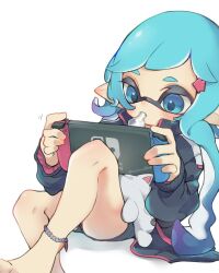 1girl anklet barefoot black_jacket blue_eyes blue_hair character_doll fang gradient_hair grey_shorts hair_ornament hairclip handheld_game_console holding holding_handheld_game_console inkling inkling_girl inkling_player_character invisible_chair jacket jewelry judd_(splatoon) long_hair long_sleeves matsushita_(matsudbox) motion_lines mouth_hold multicolored_hair nintendo nintendo_switch pointy_ears purple_hair shorts sitting solo splatoon_(series) stuffed_animal stuffed_cat stuffed_toy tentacle_hair two-tone_hair white_background