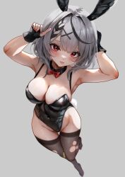 1girl animal_ears armpits arms_up black_collar black_gloves black_hair black_leotard black_thighhighs blush bow bowtie braid braided_bangs breasts brown_footwear cleavage closed_mouth collar commentary covered_navel detached_collar fake_tail fingerless_gloves fingernails full_body gloves grey_background grey_hair hair_intakes hair_ornament hairclip high_heels highleg highleg_leotard highres hololive klopsiak large_breasts leotard looking_at_viewer medium_hair multicolored_hair nail_polish playboy_bunny rabbit_ears rabbit_tail red_bow red_bowtie red_eyes red_nails sakamata_chloe simple_background smile solo streaked_hair tail thighhighs thighs tongue tongue_out torn_clothes torn_thighhighs two-tone_hair virtual_youtuber white_tail x_hair_ornament