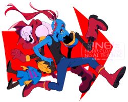 1boy 1girl 1other :| =_= ^_^ arrow_(symbol) black_tank_top blue_pants blue_shorts blue_skin boots brown_hair cape carrying carrying_person closed_eyes closed_mouth colored_skin fins fish_girl frisk_(undertale) from_side full_body gills gloves hand_on_another&#039;s_head head_fins highres kanianoreki knee_boots open_mouth pants papyrus_(undertale) profile red_boots red_cape red_gloves red_hair running short_hair shorts smile sweat tank_top undertale undyne watermark yellow_skin