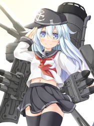 10s 1girl bad_id bad_pixiv_id black_hat black_skirt black_thighhighs blue_eyes blush cowboy_shot female_focus hair_between_eyes hat hibiki_(kancolle) kantai_collection long_hair looking_at_viewer midriff miniskirt musouzuki navel neckerchief pleated_skirt red_neckerchief salute school_uniform serafuku shirt silver_hair simple_background skirt smile solo stomach thighhighs torpedo visor_cap white_background white_shirt zettai_ryouiki