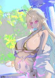 1girl absurdres bare_shoulders bikini blonde_hair blue_eyes breasts cartethyia_(wuthering_waves) closed_mouth clothes_down collarbone commentary cowboy_shot crown_of_thorns fleurdelys_(wuthering_waves) gold_bikini heart heart-shaped_eyewear highres holding_cube horns huge_breasts konodiyabolda long_hair looking_at_viewer micro_bikini objectification pointy_ears shirt single_horn solo sunglasses swimsuit very_long_hair white_shirt wuthering_waves yellow_horns