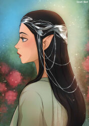 1girl artist_name arwen black_hair blue_eyes closed_mouth commentary flower hair_ornament highres kuridel_black long_sleeves pointy_ears profile red_lips sidelocks solo straight_hair the_lord_of_the_rings tolkien&#039;s_legendarium upper_body