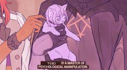 Rule 34 | &gt;:3, 1girl, 2boys, animal, animalization, male byleth (fire emblem), cat, commentary, english commentary, english text, fire emblem, fire emblem: three houses, hapi (fire emblem), holding, holding animal, kyomuu, meme, multiple boys, nintendo, purple cat, saturday night live, whiskers, yuri leclerc