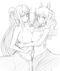 Rule 34 | 10s, 2girls, animal ears, blush, breast press, breasts, centaur, centaur no nayami, centorea shianus, crossover, cyzir visheen, drawfag, fringe trim, greyscale, horse ears, huge breasts, kimihara himeno, long hair, looking at viewer, monochrome, monster girl, monster musume no iru nichijou, multiple girls, nude, pointy ears, sketch, smile, symmetrical docking, taur, trait connection, yuri