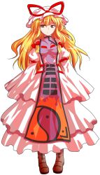 1girl alphes_(style) blonde_hair boots bow breasts brown_boots closed_mouth commentary_request dairi dress flame_print full_body hair_bow hat large_variant_set long_hair long_sleeves looking_at_viewer medium_breasts mob_cap multiple_hair_bows parody purple_tabard red_bow sleeves_past_wrists solo style_parody tabard tachi-e touhou transparent_background variant_set white_dress white_hat white_sleeves wide_sleeves yakumo_yukari yellow_eyes yin_yang