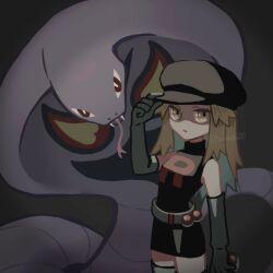 Rule 34 | 1girl, arbok, belt, black dress, brown eyes, brown hair, commentary request, dress, elbow gloves, gen 1 pokemon, gloves, hat, holding, holding poke ball, leaf (pokemon), logo, long hair, looking at viewer, nintendo, poke ball, poke ball (basic), pokemon, pokemon (creature), pokemon frlg, s (happycolor 329), shaded face, sleeveless, sleeveless dress, team rocket, team rocket uniform, thighhighs, twitter username, watermark