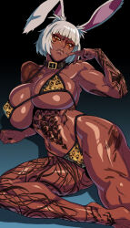 1girl abs animal_ears animal_print arm_tattoo armpits bikini breasts cameltoe collar commentary covered_erect_nipples curvy dark-skinned_female dark_skin highres huge_breasts leg_tattoo leopard_print leopard_print_bikini lips looking_at_viewer muscular muscular_female orange_eyes original rabbit_ears short_hair solo stomach_tattoo swimsuit symbol-only_commentary tattoo thick_thighs thighs websake white_hair