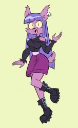 1girl animal_ears boots furry furry_female herny highres midriff original purple_hair simple_background skirt smile tail wolf_ears wolf_girl wolf_tail