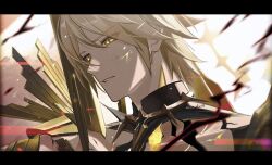 Rule 34 | 1boy, alternate form, anna (drw01), blonde hair, cracked skin, hair between eyes, halo, halo behind head, hashtag-only commentary, highres, honkai: star rail, honkai (series), male focus, material growth, parted lips, phainon (honkai: star rail), sad, short hair, yellow blood, yellow eyes
