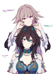 2girls black_hair breasts brown_hair commentary dress english_commentary english_text green_dress green_eyes green_hair grin herta_(honkai:_star_rail) highres honkai:_star_rail honkai_(series) jewelry long_hair multicolored_hair multiple_girls namelesswolf necklace pearl_necklace purple_eyes ruan_mei_(honkai:_star_rail) simple_background smile streaked_hair the_herta_(honkai:_star_rail) two-tone_hair white_background
