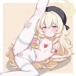1girl :3 absurdres beret black_hat blackness_(blackness661) blonde_hair blue_archive blush border breasts closed_mouth commentary_request crotch_seam feet_out_of_frame fluffy_hair green_eyes halo hat heart_maebari heart_pasties highres kneepits leg_hold leg_lift leg_up legs loli long_hair looking_at_viewer lying maebari navel nude on_side pantyhose partial_commentary pasties professor_niyaniya_(blue_archive) small_breasts smile solo spread_legs stomach thighband_pantyhose thighs very_long_hair white_border white_pantyhose yellow_halo