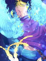 1boy back beard blonde_hair blue_sash devil_fruit_power facial_hair gunjo_shizuko harpy_boy making-of_available male_focus marco_(one_piece) monster_boy one_piece purple_shirt sash shirt short_hair solo tail twitter_username wings