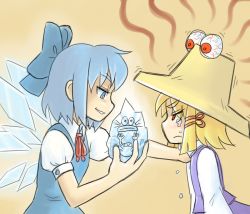 2girls blonde_hair blue_eyes blue_hair bow cirno crossover edward_bighead from_side hat ice kouotsu moriya_suwako multiple_girls pyonta red_eyes rocko&#039;s_modern_life short_hair tears touhou wings