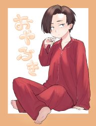 1girl absurdres barefoot brown_eyes brown_hair crossed_legs full_body hand_up harukawa_fuki highres komiya_harumoto long_sleeves lycoris_recoil pajamas red_pajamas simple_background sitting solo white_background wide_sleeves