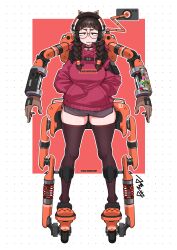 1girl absurdres animal_ear_headphones animal_ears assha_(schector) blunt_bangs braid breasts brown_eyes brown_hair brown_thighhighs cat_ear_headphones commentary_request crocs dolphin_shorts fake_animal_ears full_body glasses grey_shorts hands_in_pocket headphones highres hood hood_down hoodie jimiko large_breasts long_hair looking_at_viewer mechanical_arms open_mouth orange_shoes original red-framed_eyewear red_hoodie round_eyewear shoes shorts solo standing thighhighs twin_braids white_background