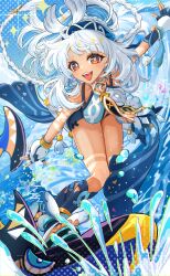 1girl absurdres blue_hairband body_markings braid breasts fingerless_gloves fish-shaped_pupils floating_hair genshin_impact gloves grey_hair hairband highres long_hair minausa mualani_(genshin_impact) open_mouth outdoors red_eyes solo surfing tan teeth upper_teeth_only water white_gloves