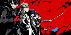 10s 5boys amamiya_ren atlus bad_id bad_pixiv_id blue_hair blue_necktie brown_hair clenched_hand club3 domino_mask gloves grey_hair highres holding holding_sword holding_weapon looking_at_viewer male_focus mask megami_tensei multiple_boys narukami_yu necktie persona persona_1 persona_2 persona_2_tsumi persona_3 persona_4 persona_5 red_background red_gloves school_uniform shin_megami_tensei short_hair simple_background smile suou_tatsuya sword toudou_naoya weapon yuuki_makoto_(persona_3)