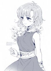 1girl arm_behind_back bare_shoulders bracer breasts cowlick dress earrings final_fantasy final_fantasy_v floral_background greyscale halter_dress halterneck highres jewelry lenna_charlotte_tycoon light_blush medium_breasts medium_hair monochrome parted_bangs pendant_choker sanroku_3 screentones solo twitter_username upper_body white_background
