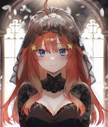 1girl ahoge black_dress blue_eyes blush breasts bridal_veil bride church cleavage danraz0r dress go-toubun_no_hanayome highres indoors long_hair looking_at_viewer medium_breasts nakano_itsuki red_hair smile veil