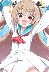 1girl arms_up atri atri-my_dear_moments- black_ribbon blue_sailor_collar commentary cowboy_shot dress hair_ribbon highres illustratorhide light_brown_hair long_hair long_sleeves looking_at_viewer neckerchief notice_lines open_mouth outstretched_arms pink_eyes red_neckerchief ribbon sailor_collar sailor_dress smile solo sparkle standing very_long_hair white_dress