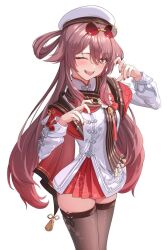 1girl black_thighhighs brown_hair commentary_request cow eyewear_on_head fingerless_gloves flower-shaped_pupils genshin_impact gloves gradient_hair hair_between_eyes hands_up hat hu_tao_(cherries_snow-laden)_(genshin_impact) hu_tao_(genshin_impact) long_hair long_sleeves looking_at_viewer multicolored_hair nail_polish official_alternate_costume one_eye_closed open_mouth red-tinted_eyewear red_eyes red_hair red_nails round_eyewear simple_background solo symbol-shaped_pupils thighhighs tinted_eyewear tongue tongue_out twintails very_long_hair vic_1223 white_background white_hat yellow-framed_eyewear