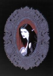 1girl black_background black_dress black_hair brown_eyes colored_skin commission dalilahh dress eyeshadow glowing glowing_skin highres long_eyebrows long_hair makeup original oval_image pale_skin picture_frame plant portrait simple_background solo thorns vines white_skin