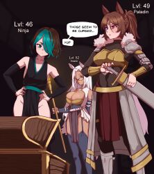 1boy 2girls absurdres animal_ears armor bandeau bare_hips bare_shoulders belt black_bodysuit black_kimono black_panties black_sleeves blue_eyes blue_hair blue_sash bodysuit breastplate breasts brown_hair bursting_breasts commission contrapposto crossdressing dark-skinned_female dark_skin detached_sleeves dog_girl dog_tail dress forehead_cross fur_trim garter_straps glasses green_eyes grey_leotard grey_skirt grey_thighhighs hair_between_eyes hair_over_one_eye hands_on_own_hips head_chain heterochromia highleg highleg_panties highres holding holding_staff holding_sword holding_weapon horse_ears horse_girl horse_tail japanese_clothes jewelry kimono large_breasts leotard long_sleeves looking_down mage_staff mole mole_under_mouth multiple_girls ninja original paladin panties panty_straps parted_bangs parted_lips pelvic_curtain pleated_skirt ponytail power_level red_eyes red_nails red_skirt revealing_clothes sash sheath short_hair shoulder_armor showgirl_skirt skirt speech_bubble staff standing sword tail talking thighhighs thighlet todding trap treasure_chest underwear weapon white_belt white_dress white_hair wizard yellow_bandeau