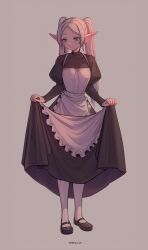 1girl apron black_dress black_shoes dress earrings elf frieren frilled_apron frills green_eyes grey_background grey_hair highres jewelry juliet_sleeves loafers long_hair long_sleeves maid pantyhose parted_bangs pointy_ears puffy_sleeves shellvi shoes solo sousou_no_frieren twintails white_apron white_pantyhose