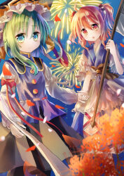Rule 34 | 222neko, 2girls, aerial fireworks, asymmetrical hair, black skirt, blue eyes, blue vest, blurry, breasts, brown sash, closed mouth, coin, coin on string, commentary, depth of field, epaulettes, falling petals, fireworks, flower, frilled hat, frills, green hair, hair bobbles, hair ornament, hat, holding, holding hands, holding scythe, long sleeves, looking at viewer, multiple girls, obi, obidome, onozuka komachi, open mouth, petals, pink petals, red eyes, red hair, red petals, sash, scythe, shiki eiki, short sleeves, skirt, sleeve bow, smile, spider lily, touhou, two side up, vest
