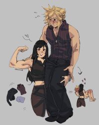 1boy 1girl artist_name black_hair black_vest blonde_hair blush carrying clothed_female_nude_male clothes_on_floor cloud_strife final_fantasy final_fantasy_vii flexing heart highres long_hair nude pants princess_carry red_eyes red_lips shoulder_carry sleeveless spiked_hair strawderryst tifa_lockhart toned vest white_background