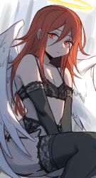 0lightsource 1boy absurdres angel angel_devil_(chainsaw_man) angel_wings black_bra black_gloves black_panties black_thighhighs bra brown_hair chainsaw_man elbow_gloves garter_belt garter_straps gloves halo highres lace lace-trimmed_bra lace-trimmed_garter_belt lace-trimmed_gloves lace-trimmed_panties lace-trimmed_thighhighs lace_trim lingerie looking_at_viewer panties red_eyes solo thighhighs traditional_halo trap underwear wings