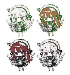 1girl apron black_bow black_dress black_ribbon blush_stickers bow braid brown_hair chibi chibi_only chinese_commentary closed_mouth color_variation commentary_request commission dress expressionless fork frilled_dress frilled_sleeves frills full_body hair_bow highres jin_fang_jintian_gu_le_ma jitome knife long_hair maid maid_headdress multicolored_hair original pale_skin puffy_short_sleeves puffy_sleeves red_eyes red_hair ribbon short_sleeves side_braid simple_background single_braid socks two-tone_hair variations watermark white_apron white_background white_bow white_hair white_socks