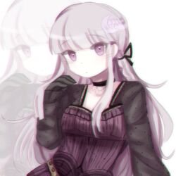 Rule 34 | 1girl, black choker, black dress, braid, choker, collarbone, danganronpa: trigger happy havoc, danganronpa (series), dress, gloves, hand up, highres, kirigiri kyoko, kyokoshibiko (bunn6z), long hair, looking at viewer, pink eyes, ribbon, upper body, white background, zoom layer