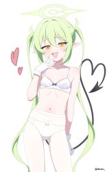 absurdres armband artist_name black_tail blue_archive bow bow_bra bow_panties bra breasts character_request demon_tail dsuzu fang gloves gluteal_fold green_hair green_halo halo heart heart_tail highres long_hair looking_at_viewer navel nozomi_(blue_archive) panties panties_under_pantyhose pantyhose pointy_ears skin_fang small_breasts standing tail twintails underwear white_background white_bra white_panties white_pantyhose yellow_eyes