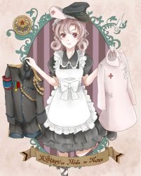 1girl apron bad_id bad_pixiv_id black_hat blow border cosplay cross cross_print curly_hair female_focus frills hat holding_shirt holding_unworn_clothes maid maid_apron maid_headdress medal military military_uniform name_tag nurse nurse_cap round_border shirt solo syringe typo unworn_shirt white_hat yukinami_(paru26i)
