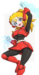 1girl absurdres armor black_bodysuit blonde_hair blue_eyes bodysuit boots clenched_hands gloves gonzarez highres looking_at_viewer magic mario_(series) mighty_peach nintendo official_alternate_costume open_mouth ponytail princess_peach princess_peach:_showtime! red_armor red_boots solo visor_(armor) white_gloves