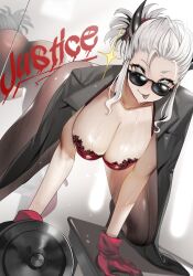 1girl :p ass bandana black_horns black_jacket bowing bra breasts bright_pupils cleavage collarbone commentary_request demon demon_girl demon_horns dumbbell gloves grey_eyes gym helltaker high_heels highres holding holding_dumbbell horns jacket jacket_on_shoulders justice_(helltaker) lace lace_bra large_breasts leaning_forward long_sidelocks looking_at_viewer looking_over_eyewear mirror panties pantyhose red_bandana red_bra red_gloves reflection short_hair sidelocks solo sunglasses sweat teddypocky tongue tongue_out underwear white_eyes white_hair white_panties white_pupils writing_on_wall