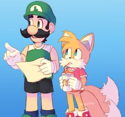 Rule 34 | 2boys, blonde hair, blue eyes, brown hair, crossover, cup, facial hair, fox, gloves, green hat, hat, luigi, map, mario &amp; sonic (series), mario &amp; sonic at the tokyo 2020 olympic games, mario (series), mcdonald&#039;s, multiple boys, multiple tails, mustache, nintendo, sega, shoes, shorts, size difference, sneakers, socks, soda, sonic (series), sportswear, tail, tails (sonic), two tails, verocitea, yellow fur