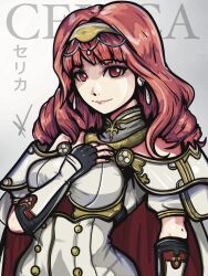 Rule 34 | 1girl, absurdres, armor, breastplate, cape, celica (fire emblem), choker, dress, earrings, fingerless gloves, fire emblem, fire emblem echoes: shadows of valentia, gloves, highres, jewelry, long hair, naromonart, nintendo, princess, red eyes, red hair, tiara, white armor, white dress