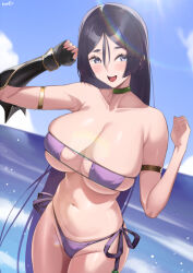 1girl absurdres arm_guards armlet bare_shoulders beach bikini blue_sky blush breasts choker cleavage collarbone elbow_gloves eyepatch_bikini fate/grand_order fate_(series) fingerless_gloves gloves highres jewelry kurozawa_yui large_breasts long_hair looking_at_viewer minamoto_no_raikou_(fate) minamoto_no_raikou_(fate/grand_order) minamoto_no_raikou_(swimsuit_lancer)_(fate) minamoto_no_raikou_(swimsuit_lancer)_(third_ascension)_(fate) navel ocean open_mouth parted_bangs purple_bikini purple_eyes purple_hair single_glove sky smile solo swimsuit thighs very_long_hair