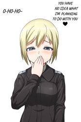 1girl blonde_hair blue_eyes blush breasts erica_hartmann hattorin military_uniform short_hair simple_background small_breasts solo strike_witches white_background world_witches_series