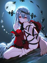 Rule 34 | 1girl, absurdres, arknights, arm support, ascot, bare shoulders, barefoot, black ascot, closed mouth, clothing cutout, detached sleeves, dress, frilled ascot, frills, full body, grey hair, hair between eyes, highres, leg ribbon, long hair, looking at viewer, moon, navel, navel cutout, no headwear, off-shoulder dress, off shoulder, red dress, red eyes, ribbon, selene (yechan1245), sitting, skadi (arknights), skadi the corrupting heart (arknights), solo, very long hair